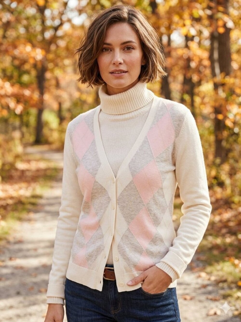 Brooks Brothers 346 Pink Ivory/Taupe Argyle V-Neck Cardigan Sweater Wmns Medium